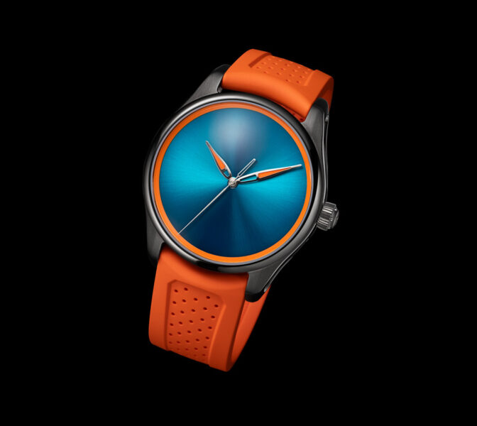 H. Moser & Cie. Pioneer Spiced Aqua 3201-1205 (DLC-coated steel, orange rubber strap)