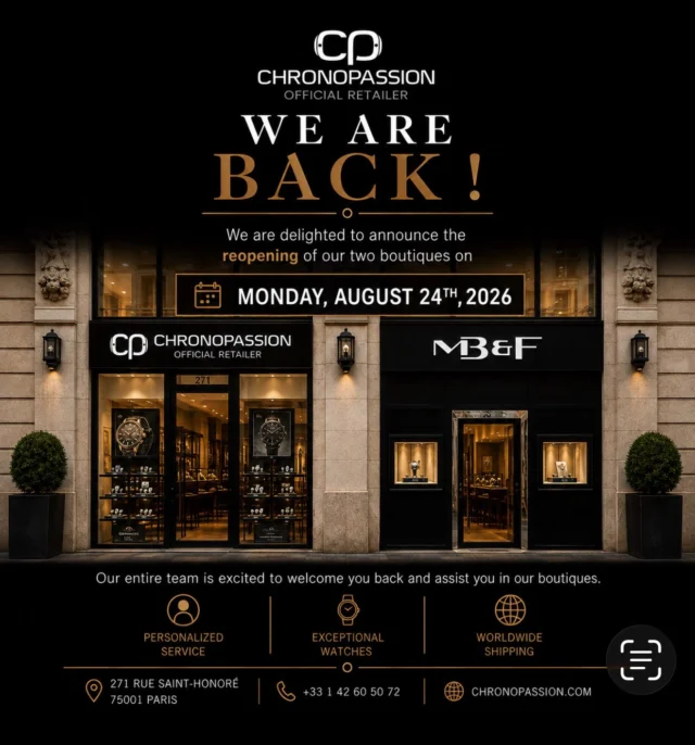 CHRONOPASSION & MB&F LAB PARIS — WE’RE BACK!
After our summer break, Chronopassion and MB&F LAB Paris reopen their doors today, Monday, August 24th.
The whole team is delighted to welcome you back at 271 rue Saint-Honoré, Paris, and to once again share our passion for independent watchmaking, extraordinary creations and exceptional mechanics.
A new season begins, with plenty of new releases and surprises ahead…
Welcome back to Chronopassion & MB&F LAB Paris!
#Chronopassion #MBandF #MBandFLAB #IndependentWatchmaking #HauteHorlogerie Watchmaking Paris RueSaintHonore WeAreBack @chronopassion @mbflabparis 

🇫🇷 CHRONOPASSION & MB&F LAB PARIS — NOUS SOMMES DE RETOUR !
Après notre pause estivale, Chronopassion et le MB&F LAB Paris rouvrent leurs portes aujourd’hui, lundi 24 août.
Toute l’équipe est heureuse de vous retrouver au 271 rue Saint-Honoré, Paris, pour partager à nouveau notre passion de l’horlogerie indépendante, des créations hors normes et des belles mécaniques.
Une nouvelle saison commence, avec beaucoup de nouveautés et de surprises à venir…
Bienvenue à nouveau chez Chronopassion & MB&F LAB Paris !
🇬🇧